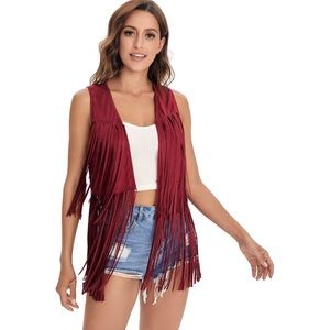 Wine Red Tassel Sleeveless Vest Hippie Faux Suede Fringe Jacket Cardigan